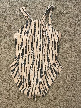 Striped Dot-Print One-Piece Swimsuit in Beige and Black